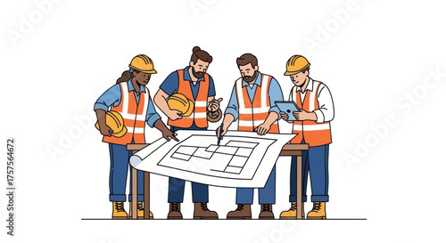 Construction Team Reviewing Blueprint on Table Wearing Hard Hats and Safety Vests.