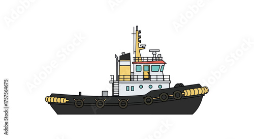 Detailed Illustration of a Black and Yellow Tugboat.