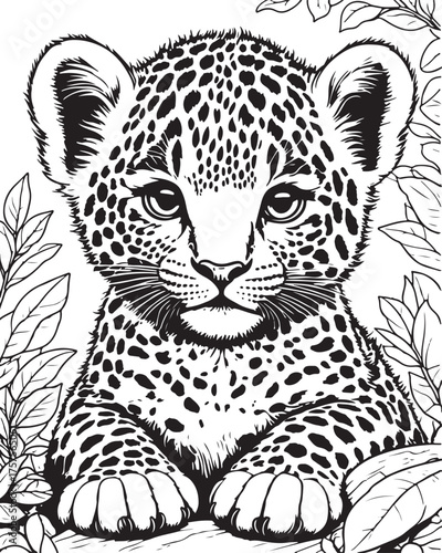 Big spotted tiger predator, a leopard or jaguar, rests on a tree branch in the wildlife of nature
