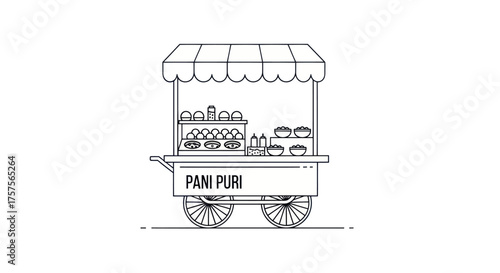 A black and white line drawing of a traditional Indian Pani Puri street food cart.