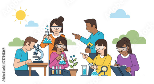 Students Engaged in Science Experiments with Beakers Microscopes and Plant Observation.