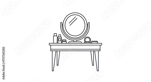 Simple Line Art Vanity Table with Mirror and Cosmetics.