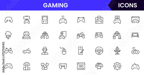 Gaming vector web line icon collection, sleek illustrations of controllers, headsets, consoles, virtual reality for immersive, dynamic designs.