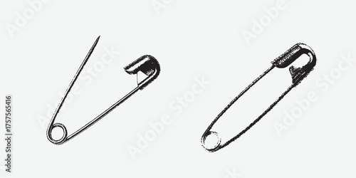 Set of halftone stipple elements, safety pins that can be opened and closed after being punctured with needles. attached to surface. Grunge punk dotted texture for collage design
