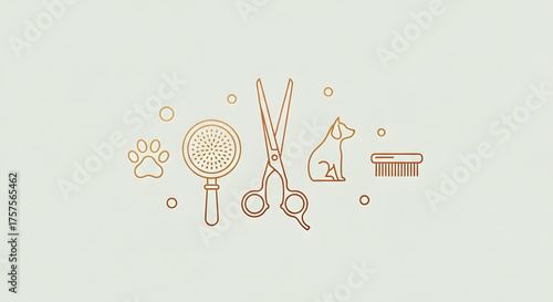 Minimalist illustration of beauty and grooming tools including scissors comb and magnifying glass on a light background
