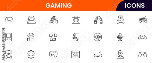 Gaming vector web line icon collection, sleek illustrations of controllers, headsets, consoles, virtual reality for immersive, dynamic designs.