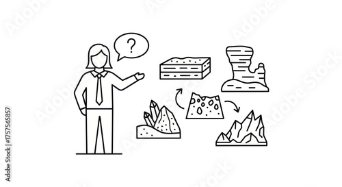 Illustrated Person Explaining Geological Formations with Question Mark.