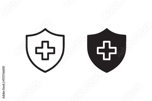 medical shield icon duo outline and filled styles for healthcare security protection app and website interface
