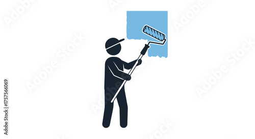 Stick figure painter applying blue paint to a wall with a roller.