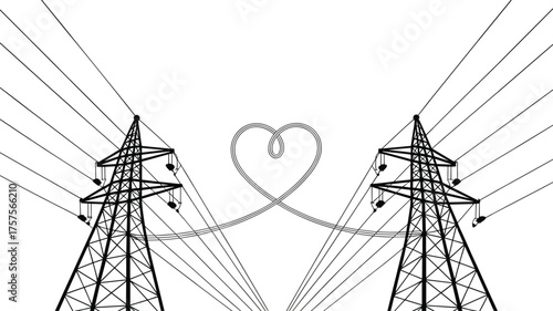 Electrical transmission towers, power lines heart shape, industrial art, energy connection, infrastructure love, creative electricity, romantic engineering, symbolic power grid,