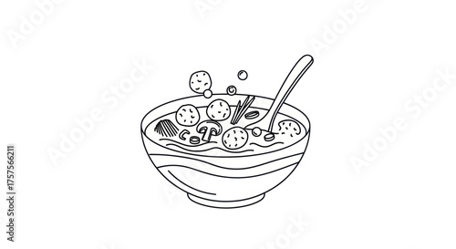 Line Art Illustration of a Bowl of Soup with Meatballs.