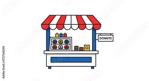 Colorful cartoon donut stand with striped awning and various pastries.