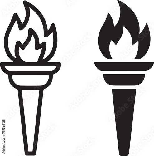 minimal torch icon duo outlined and solid flame symbol set for logo and ui design