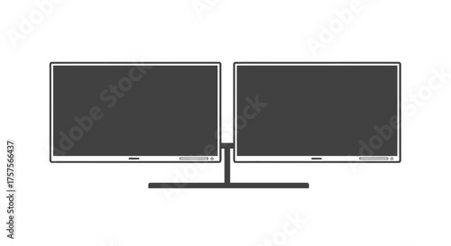 Dual Computer Monitors with Shared Stand Displaying Blank Screens.