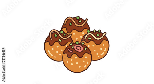 Four Takoyaki Balls with Sauce and Toppings Japanese Street Food.