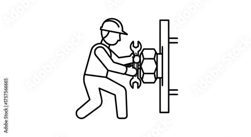 Line art illustration of a worker tightening a large bolt with wrenches.
