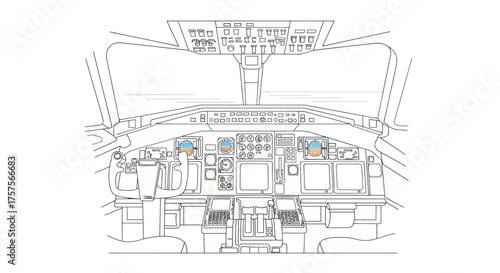 Airplane Cockpit Illustration: Detailed View of Flight Controls and Instrument Panel.