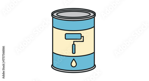 Illustrated light blue paint can with roller and paint drop icon.