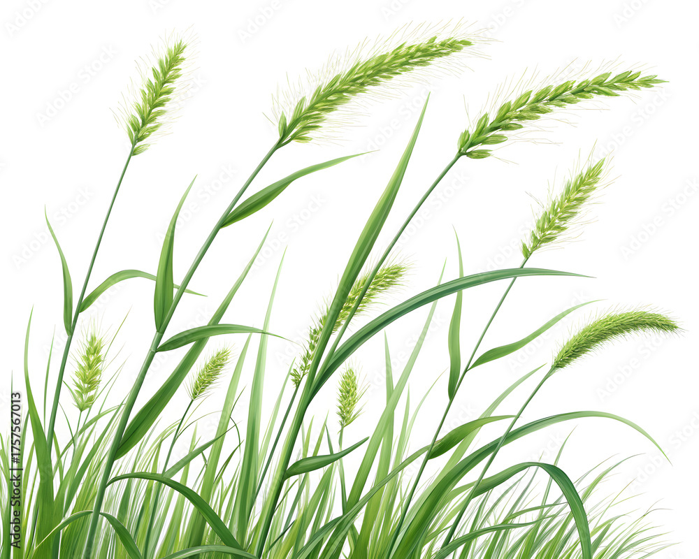 Obraz premium Green Grass Blades and Seed Heads on a White Background nature plant