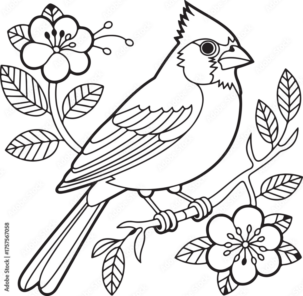 Obraz premium Cute vector bird illustration on a tree branch with flowers and leaves