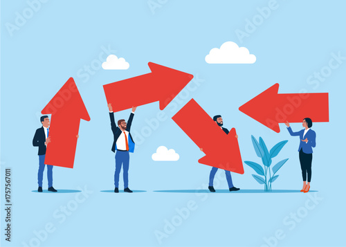Positive thinking business people changes the direction of the arrow for the better. New opportunities. Modern vector illustration in flat style