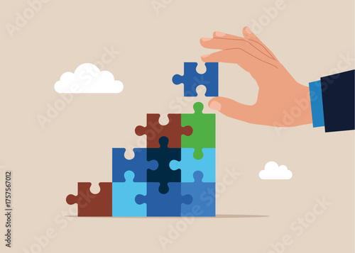 Hand connecting puzzle elements. Cooperation, partnership. Thinking to solve business problem, business connection concept. Vector flat illustration