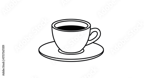 Simple Black and White Illustration of a Coffee Cup and Saucer.