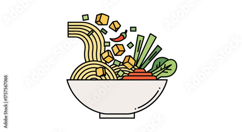 Colorful illustration of a delicious Asian noodle bowl with tofu vegetables and chili.