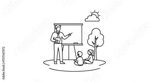 Teacher instructing students outdoors with whiteboard and trees.