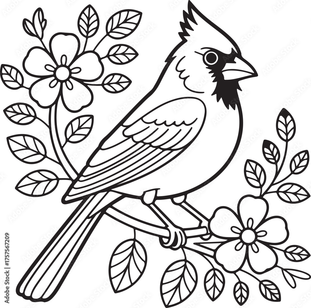 Obraz premium Cute bird vector illustration sitting on a branch with flowers and leaves