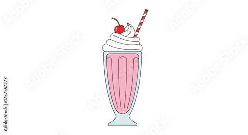 A tall glass filled with pink strawberry milkshake topped with whipped cream a cherry and a striped straw.