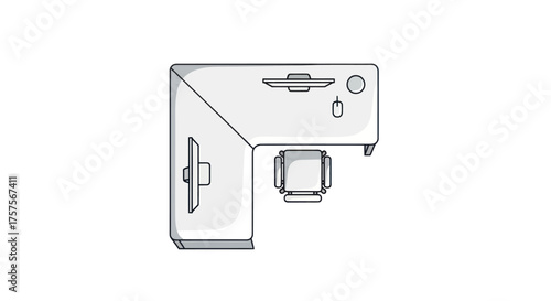 Top-down view of a white L-shaped desk with a chair and computer accessories.