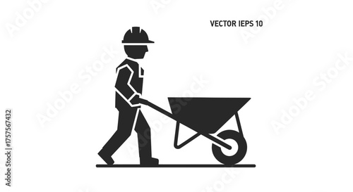 Black silhouette of a construction worker pushing a wheelbarrow.