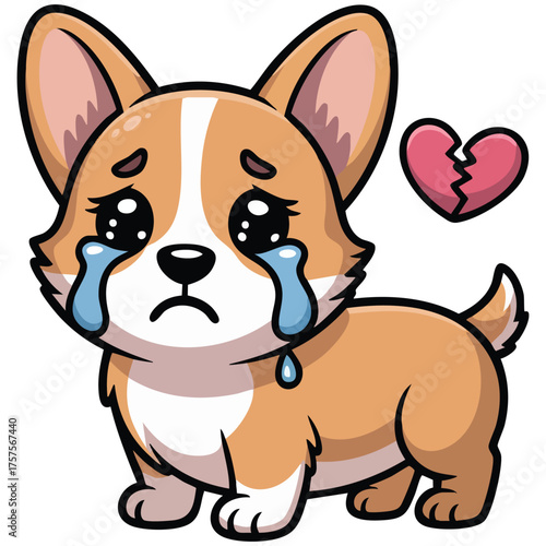  Lonely sad corgi puppy crying with a broken pink heart above