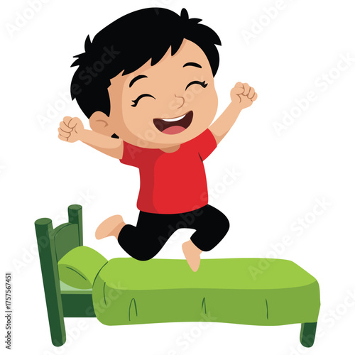  Mischievous little boy jumping wildly on a bed bad behavior