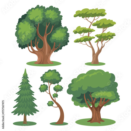  Set of green leafy deciduous trees with full round crowns