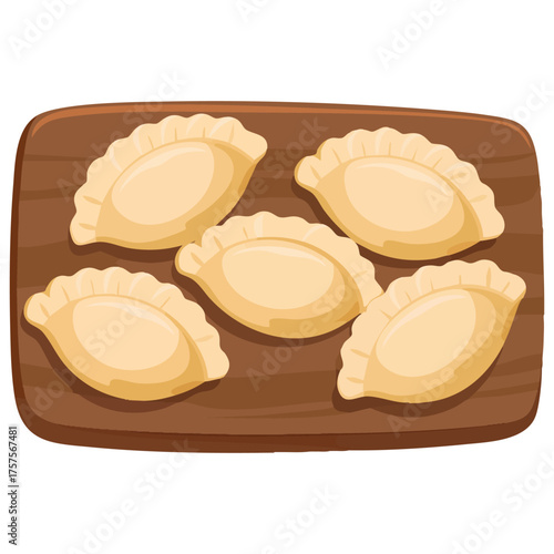  Traditional Polish dumplings on a wooden cutting board hand drawn