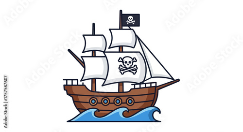 Cartoon Pirate Ship with Jolly Roger Flag Sailing on Waves.