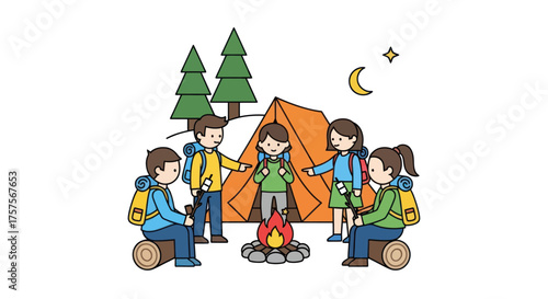 Group of Friends Camping Around a Campfire at Night.