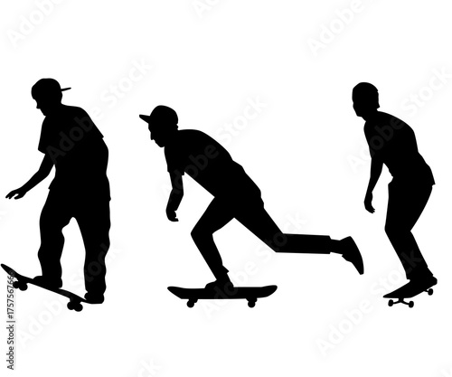 Set of three black silhouettes of a skateboarder in various action poses on a white background.