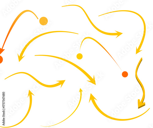 A collection of dynamic yellow and orange curved arrows and dots indicating flow and direction on a white background.