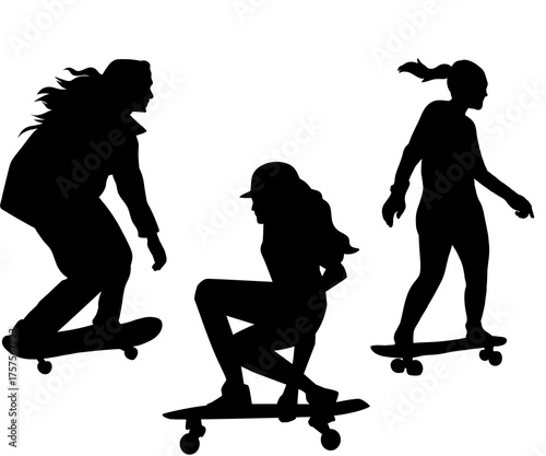 A set of three black silhouettes of young women riding different types of skateboards on a white background.