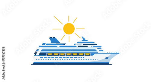 A large multi-decked white cruise ship sailing under a bright yellow sun.