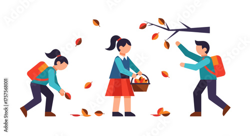 Children Collecting Autumn Leaves with Basket and Branch.