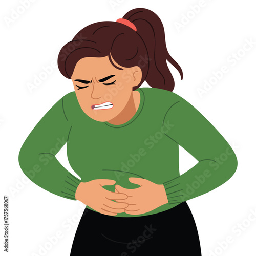  Young woman suffering from painful stomach ache or cramps
