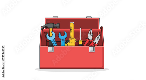 Open Red Toolbox Filled with Various Hand Tools.