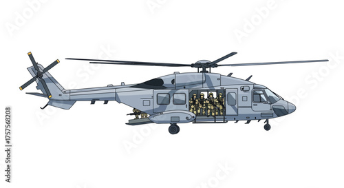 Military Helicopter with Open Door and Visible Passengers.