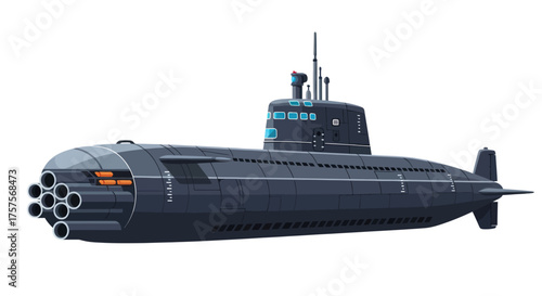Sleek Dark Submarine with Multiple Torpedo Tubes and Command Tower.