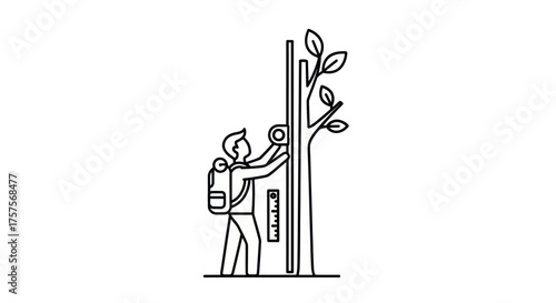 Man Measuring Tree Trunk with Tape Measure Forestry Assessment Line Art.