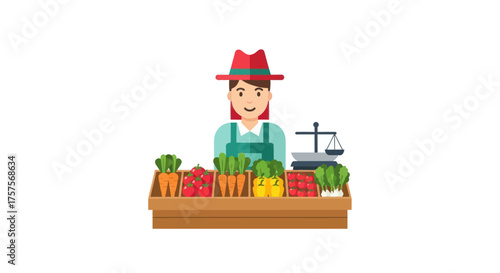 Smiling Female Vendor Selling Fresh Vegetables at Market Stand.